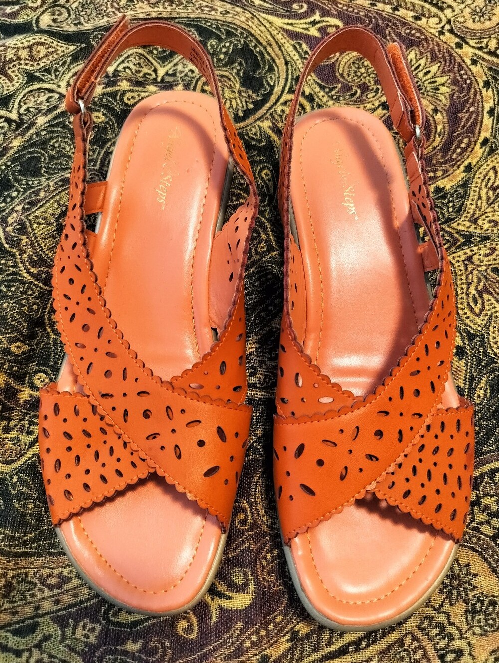 Angel Steps Women's 11W Orange Laser-Cut Cross-Strap Slingback Sandals11